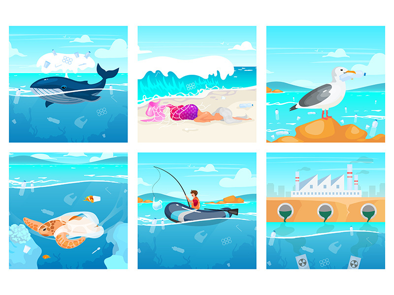 Plastic pollution in ocean flat vector illustrations set