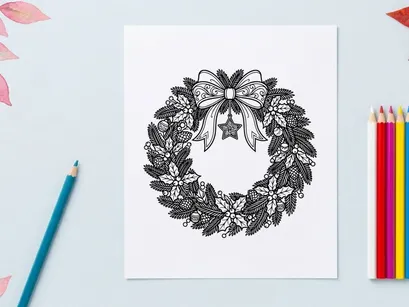 Ilustrasi seni garis karangan bunga Natal dengan pita meriah dan hiasan bintang