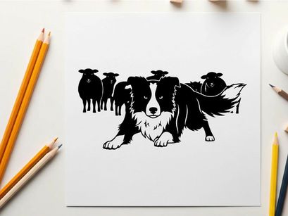 Border collie herding sheep silhouette illustration