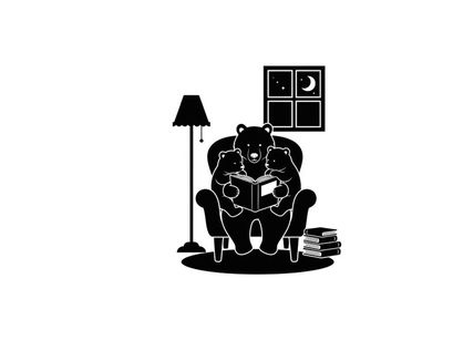 A silhouette of a bear reading in a cozy chair at night
