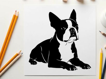 Silhouette of a boston terrier dog lying down peacefully