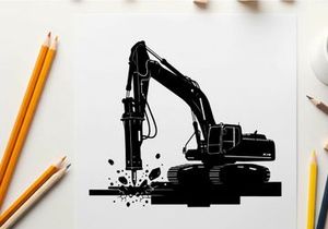 Silhouette of excavator breaking ground with jackhammer attachment