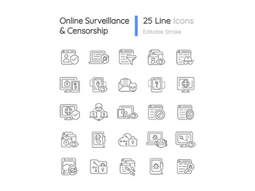 Online surveillance and censorship linear icons set preview picture
