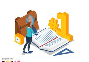 Student with book and magnification glass - Landing page illustration template.