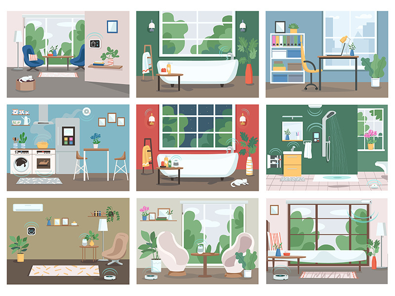 Smart home flat color vector illustrations set