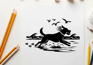 Dog running on beach in silhouette with seagulls flying