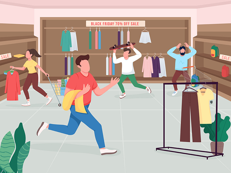 Shopaholics on Black friday flat color vector illustration