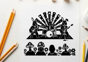 Silhouette of rabbits playing music for crowd with mushrooms