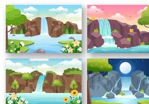 12 Waterfall Landscape Flat Design Illustration