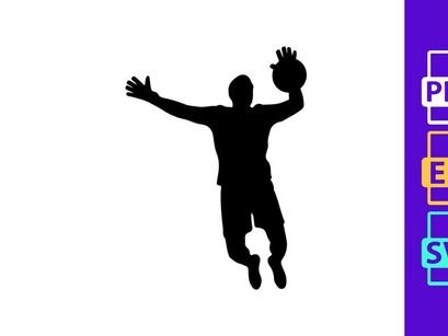 Silhouette of a man playing volleyball in mid air