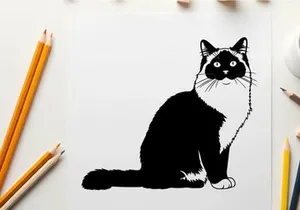 Silhouette of a sitting cat with white and black fur