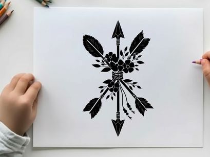 Silhouette of arrows and feathers with floral elements