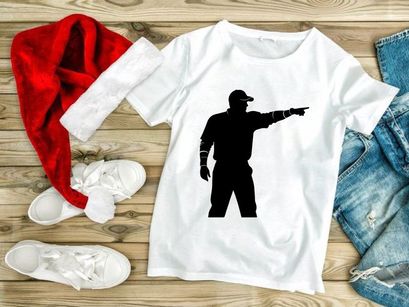 A black silhouette of a man pointing to the right with his right arm