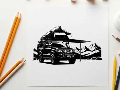 Silhouette of a car with a roof tent and awning in a mountainous landscape