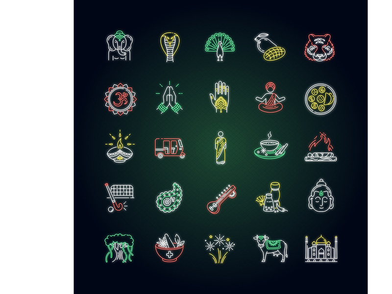 Indian culture neon light icons set