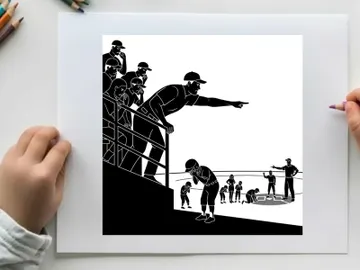 Silhouette of a man pointing from a raised platform with people below preview picture