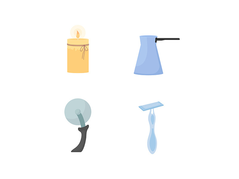 Household utensils flat color vector object set