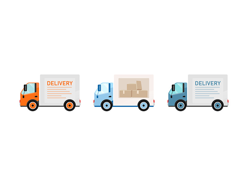 Delivery trucks flat color vector objects set