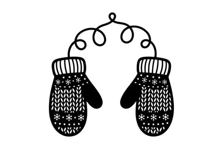 Ilustración en blanco y negro a mano de un par de mitones de invierno acogedores con copos de nieve.