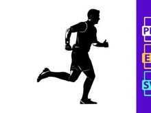 A silhouette of a man running in athletic wear on a white background