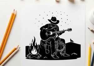 Cowboy silhouette playing guitar by campfire at night