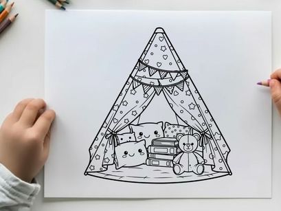 Teddy bear in cozy tent with books vector illustration