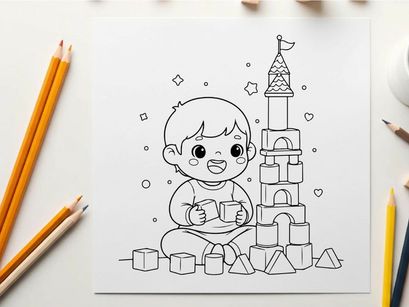 Cute baby playing with building blocks vector illustration