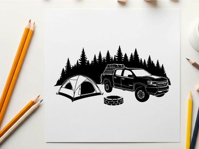 Camping silhouette scene with truck and tent in forest