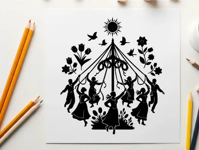 Maypole dance with people and flowers vector illustration