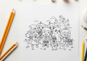 Halloween trick or treat kids group vector illustration flat design