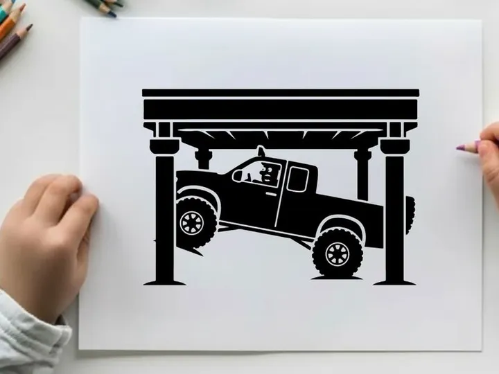 Silhouette of a pickup truck under a carport or garage silhouette