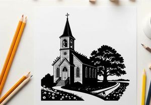 Black and white silhouette of a quaint church building
