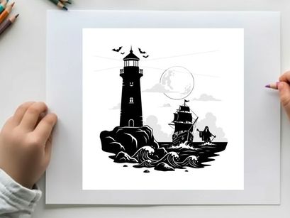 Silhouette of a lighthouse on rocky coast with sailing ship