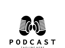 podcast logo with microphone and earphone audio, radio waves. for studio, talk show, chat, information sharing, interview, multimedia and web.