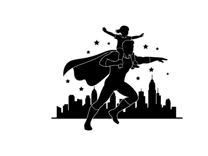 Superhero silhouette flying over cityscape with cape and stars