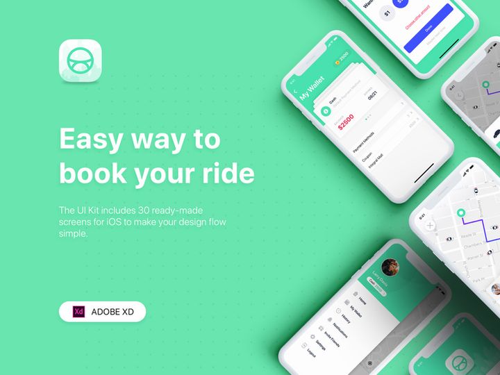 Taxi Booking mobile UI Kit for ADOBE XD
