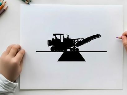 Silhouette of a road milling machine on a highway silhouette