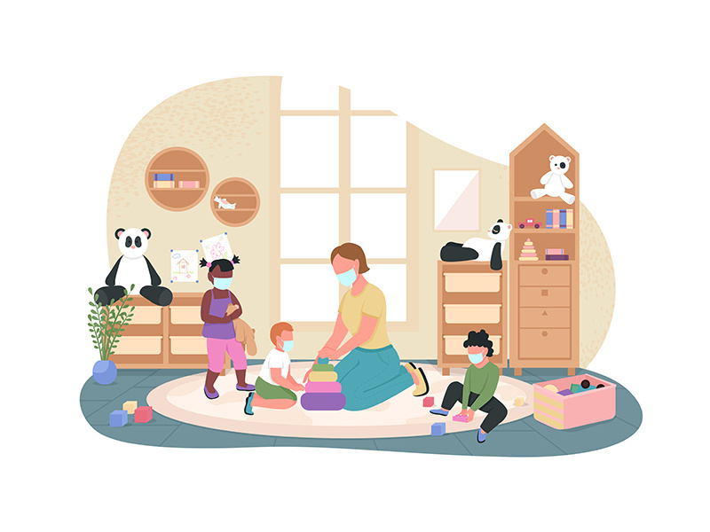 New normal in kindergarten 2D vector web banner, poster