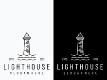 Sea lighthouse tower building creative logo with spotlights vintage vector template.