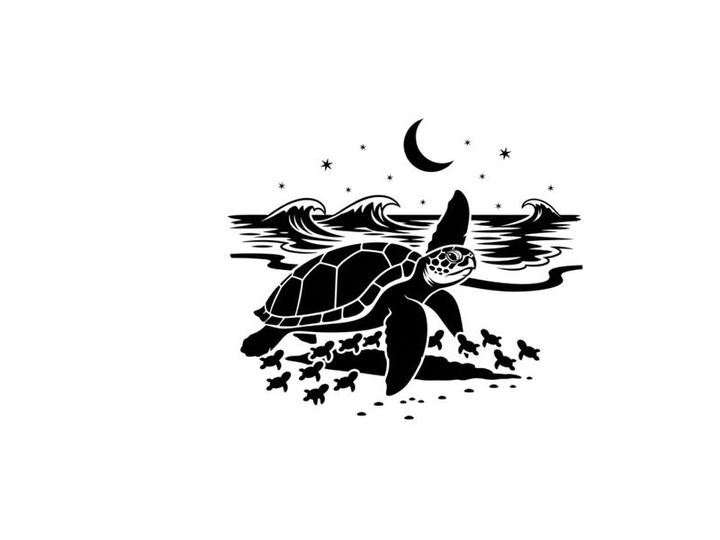 Silhouette of a sea turtle swimming under a crescent moon