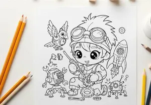 Cute scientist kid with gadgets and space vector illustration