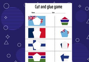12 Pages Cut and glue game for kids with country flag. Cutting practice for preschoolers. Education paper game for children