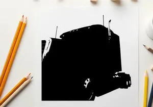 Silhouette of a semi truck against a white background