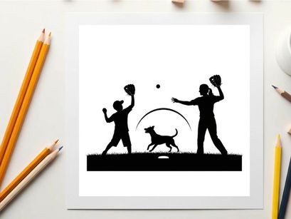 Silhouette of two people playing catch with dog