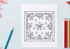 Christmas coloring page with snowflakes and a bow in a square frame