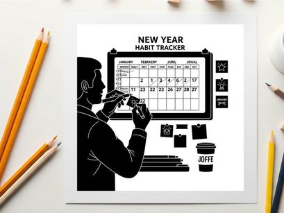 Silhouette of a man using a habit tracker on a calendar board silhouette
