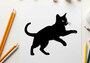 Black cat silhouette running to the right with eyes glowing