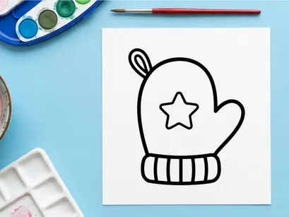 Sarung tangan musim dingin lucu dengan pola bintang untuk anak-anak. Ilustrasi sarung tangan rajut buatan tangan yang nyaman untuk desain liburan dan cuaca dingin.