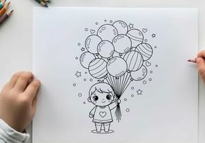 Child holding colorful balloons vector illustration flat design