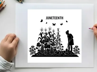 Juneteenth silhouette of woman gardening with butterflies and plants